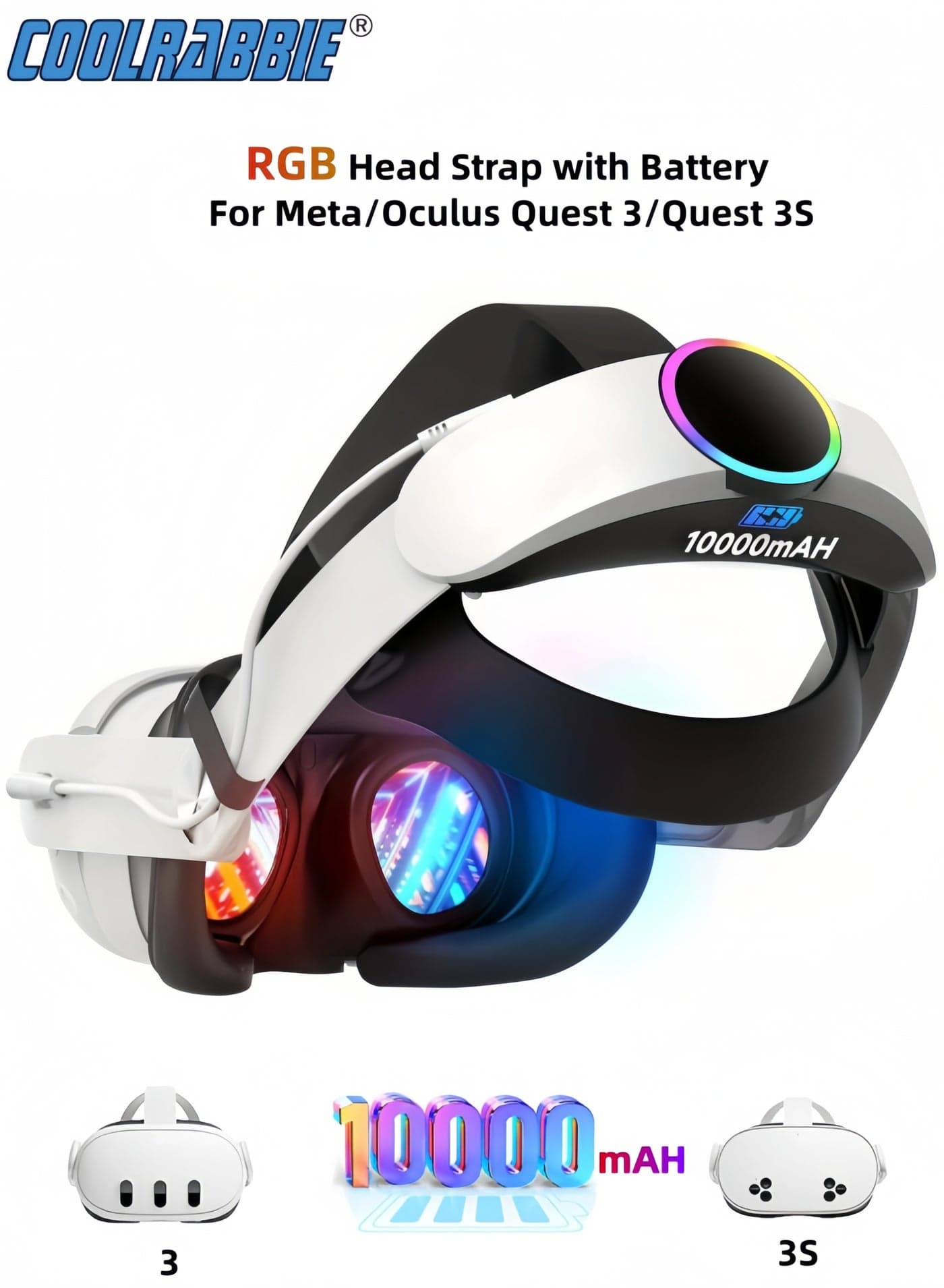 RGB Head Strap with Battery for Meta/Oculus Quest 3/Quest 3S, 10000mAh Battery Pack for Extended 8H of Playtime, Fast Charging VR Power, Adjustable Elite Strap Replacement VR Accessories Enhanced Support and Balance in VR