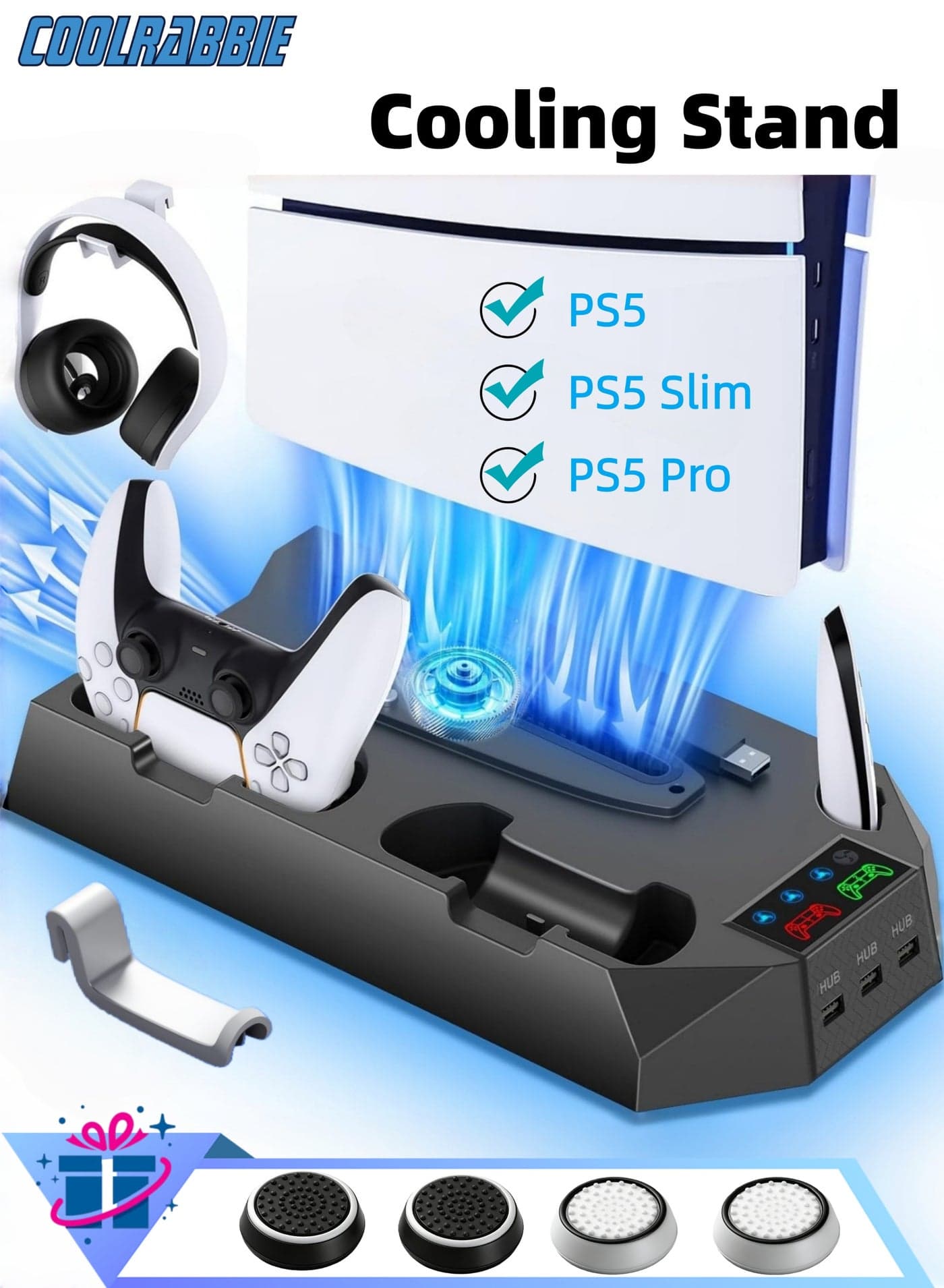 Vertical Cooling Stand for PS5/PS5 Slim/PS5 Pro Stand and Cooling Station with Dual Controller Charging Station for PlayStation 5 Console, PS5 Accessories Incl. Controller Charger, Cooling Fan, Headset Holder, 3 USB Hub, Black