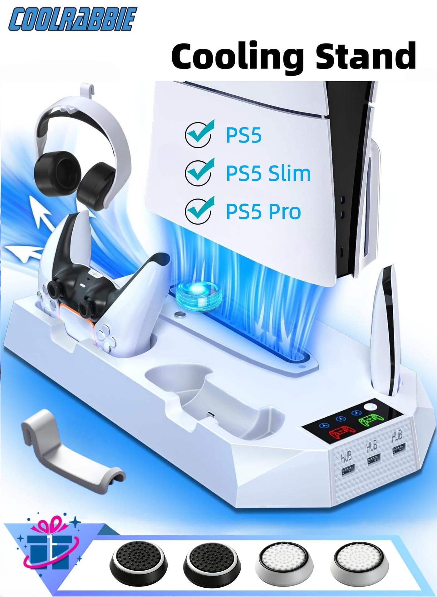 Vertical Cooling Stand for PS5/PS5 Slim/PS5 Pro Stand and Cooling Station with Dual Controller Charging Station for PlayStation 5 Console, PS5 Accessories Incl. Controller Charger, Cooling Fan, Headset Holder, 3 USB Hub, White