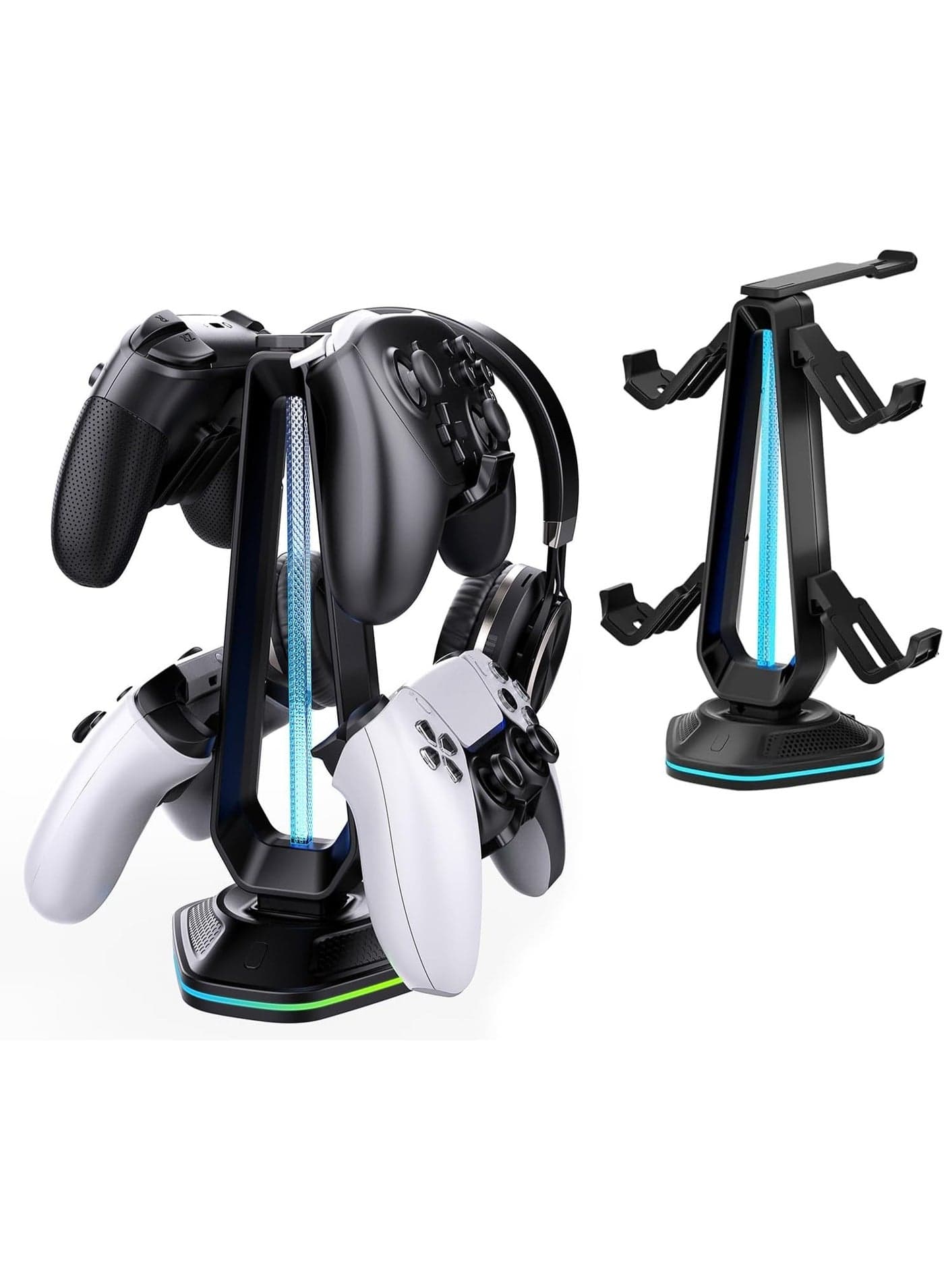 RGB Headset Stand with 9 Light Effects and 2 USB Charging Ports - Controller Holder for Desk - Headphone Stand & Detachable Controller Hook for PC Earphone Gaming Room Setup Accessories