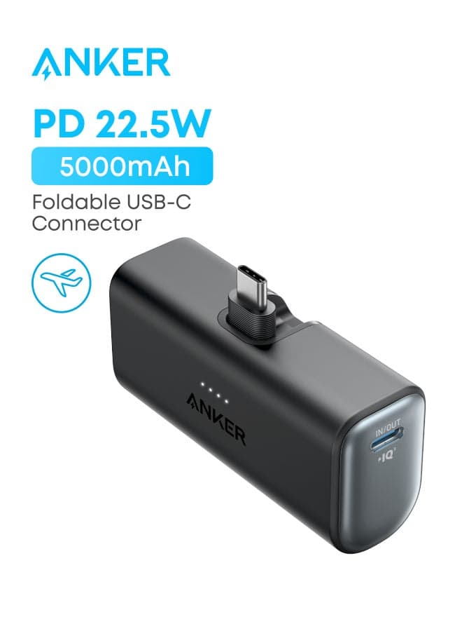 5000 mAh Nano Power Bank, Mini Portable Charger with Built-In Foldable USB-C Connector, 5,000mAh Battery Pack 22.5W, For iPhone 16/15 Series, Samsung, Huawei, iPad, AirPods, Xiaomi, Vivo, Oppo and More Black+USB-C Connector