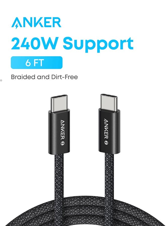 Zolo USB C to USB C Cable, Braided and Dirt-Free Type C Fast Charging Cable, Slim Connector, for iPhone 17/16 Series, MacBook (240W) (Black, 6ft) Black