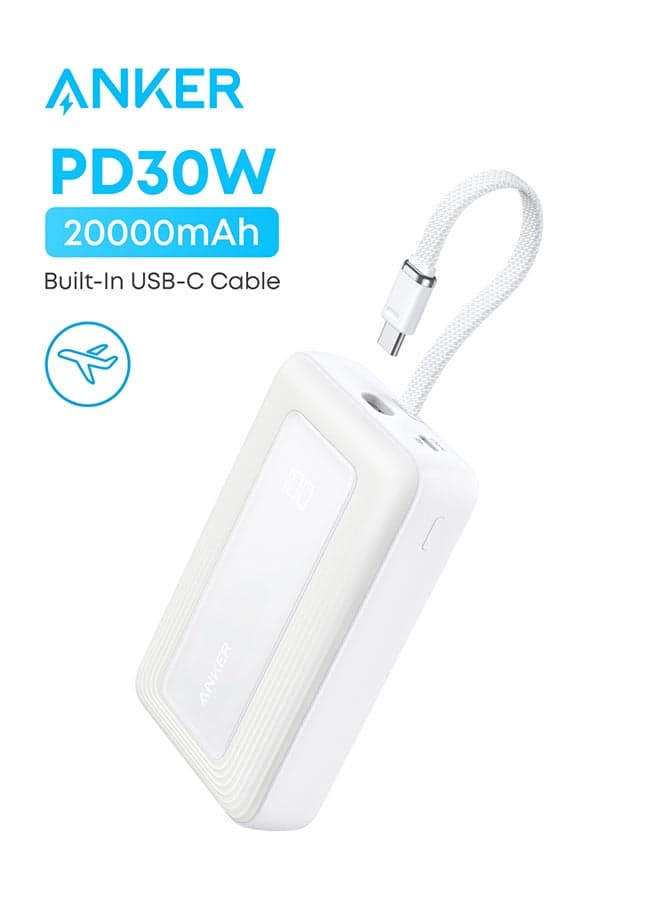 20000 mAh Zolo Power Bank, 20,000mAh 30W High-Speed Portable Charger with Built-In USB-C Cable, Battery Pack For iPhone 17/17 Air/17 Pro/17 Pro Max/16 Series, Galaxy, and More (White, 20000 mAh) White