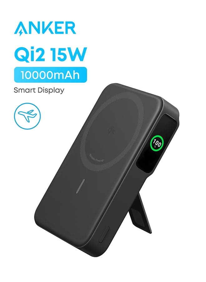 10000 mAh MagGo Power Bank, Qi2 Certified 15W Ultra-Fast MagSafe-Compatible Portable Charger, 10,000mAh Battery Pack with Smart Display and Foldable Stand, For iPhone 17/1615/14 Only(USB-C Cable Include) Black