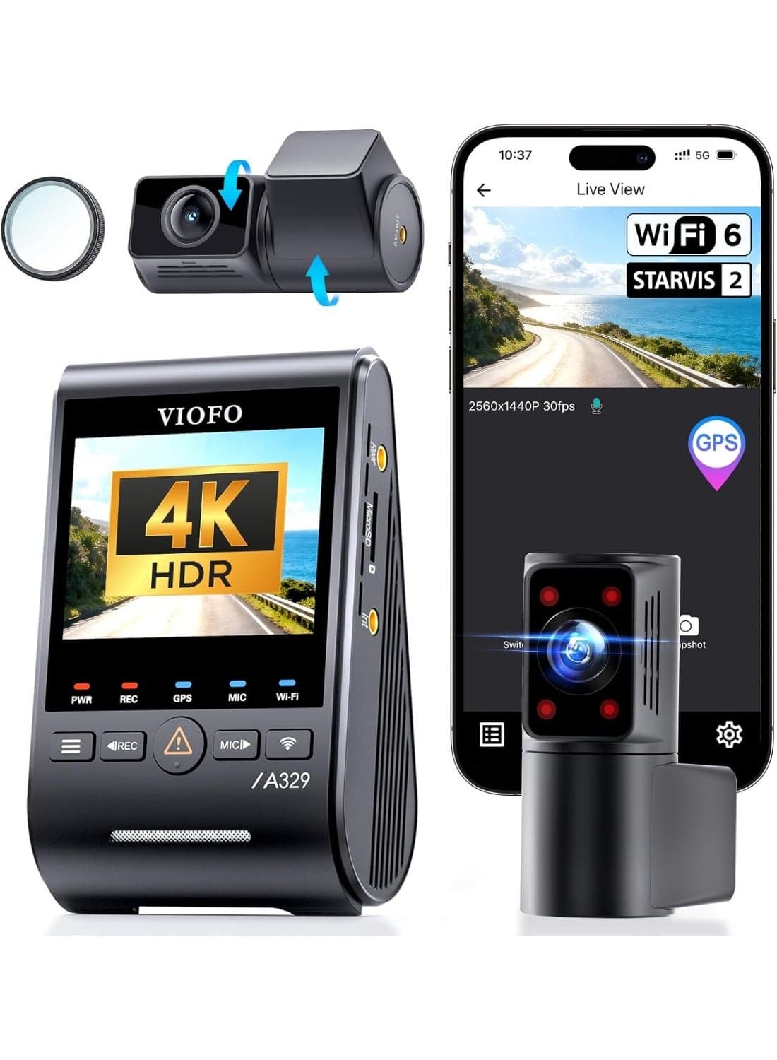 A329S Dash Camera for Car 4K with GPS – Sony STARVIS 2 Dash Cam, Front 4K, Rear & Interior Camera, Wi-Fi 6, 24/7 Parking Mode Car Dash Cam