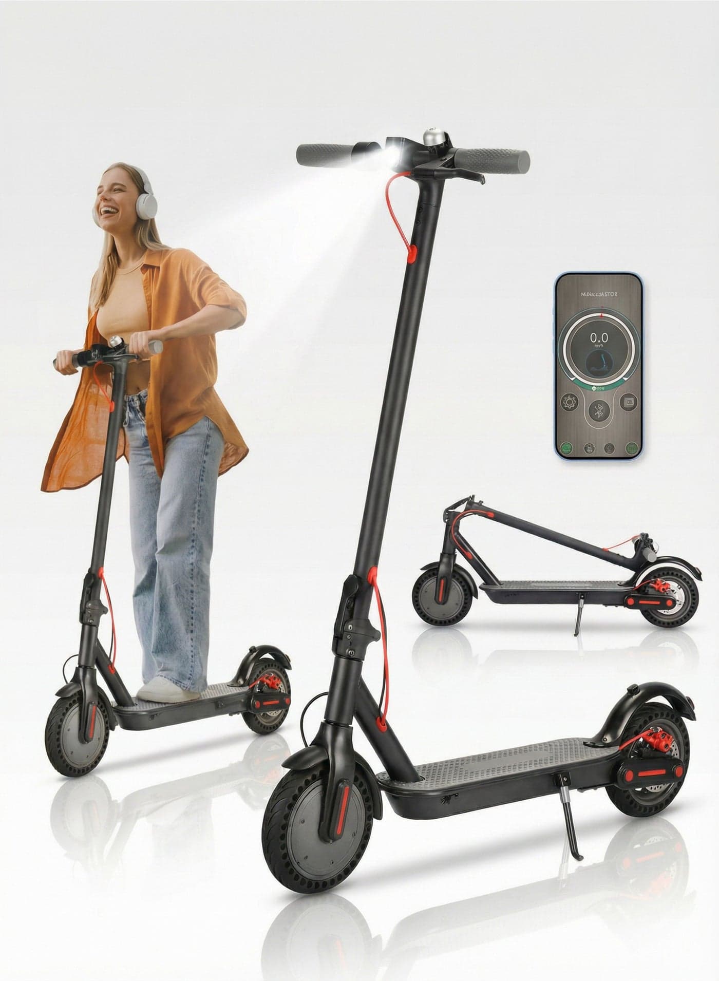 Foldable Electric Scooter for Adults 350W Motor 30-35 Miles Long Range 36V 10.4Ah Battery 8.5 Inch Solid Tires Smart App Control LED Lights Disc Brake Portable Commuter E-Scooter Lightweight 27 Lbs