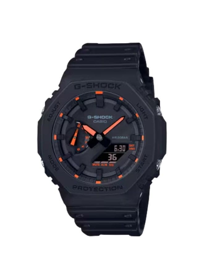 CASIO G-SHOCK GA-2100-1A4ER Matte Black Resin Band, Black Dial with Neon Accent Details, Carbon Core Guard, Shock Resistant, 200m Water Resistance, World Time, Stopwatch, Timer, LED Light