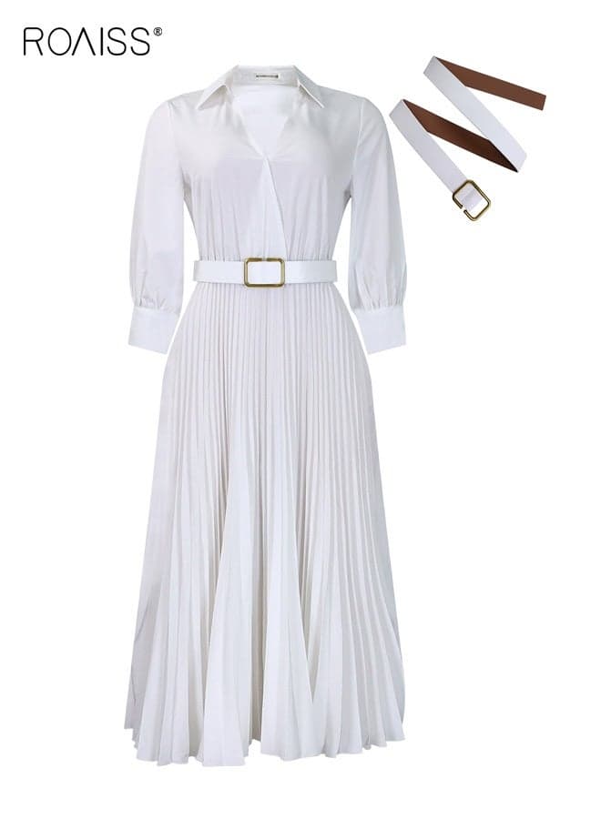 Plus Size Women V-Neck Pleated Midi Dress, Three-Quarter Sleeve High Waist Belted Dress with Waist Cinched Design, Polyester-Spandex Blend, Elegant Solid Color Dress for Office Work Date Daily Wear, White
