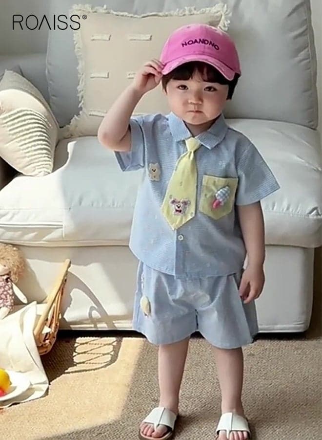 3 Piece Comortable Clothing Set for Toddler Boys, High-quality Checkered Shirt and Shorts Set with Necktie, Adorable Summer Outfit with Short Sleeve Top and Elastic Waist Short Pants
