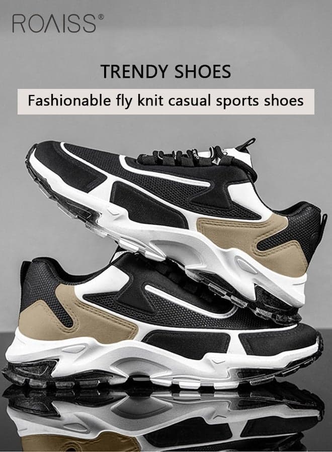 Men's Stylish Sneakers, Lace up Low Top Sneakers with Soft Lining, Non Slip Trainers, Breathable Lightweight Running Shoes for Men, Suitable for Daily Wear and Outdoor Activities Black White and Brown Color Blocking