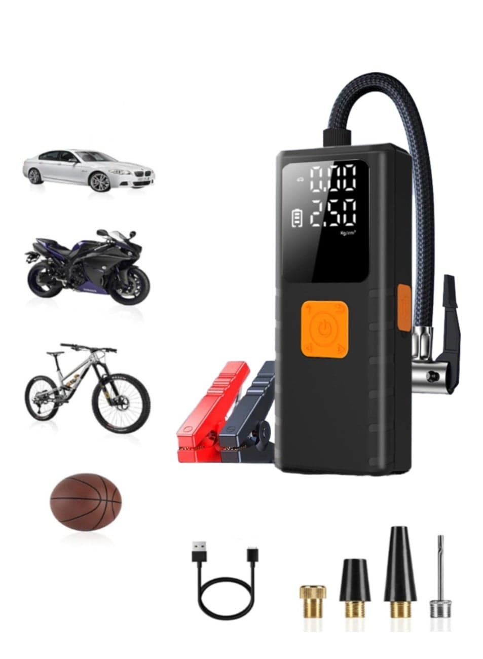 Portable Car Jump Starter with Air Compressor, Battery Jumper Starter Pack with Auto Tire Inflator All Gas, 12V Jump Box Battery Booster, Smart Jumper Cables, LCD Display