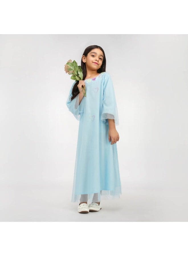 Linelle Soft Blue with Heart Motifs, Round Neck in Rayon-Tulle Blend kids jalabiya