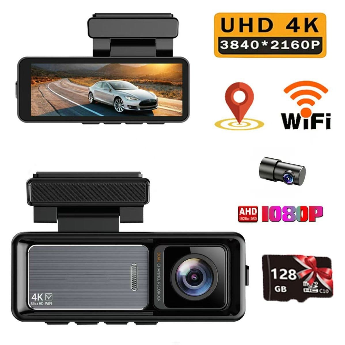 Dash Cam Car 4k Front and 1080P Rear - Front and Rear Dual Lens Car Dash Camera - 3.2" IPS Screen - With 128GB Card, Built-in GPS WiFi, Night Vision, Loop Recording, WDR Video Recorder