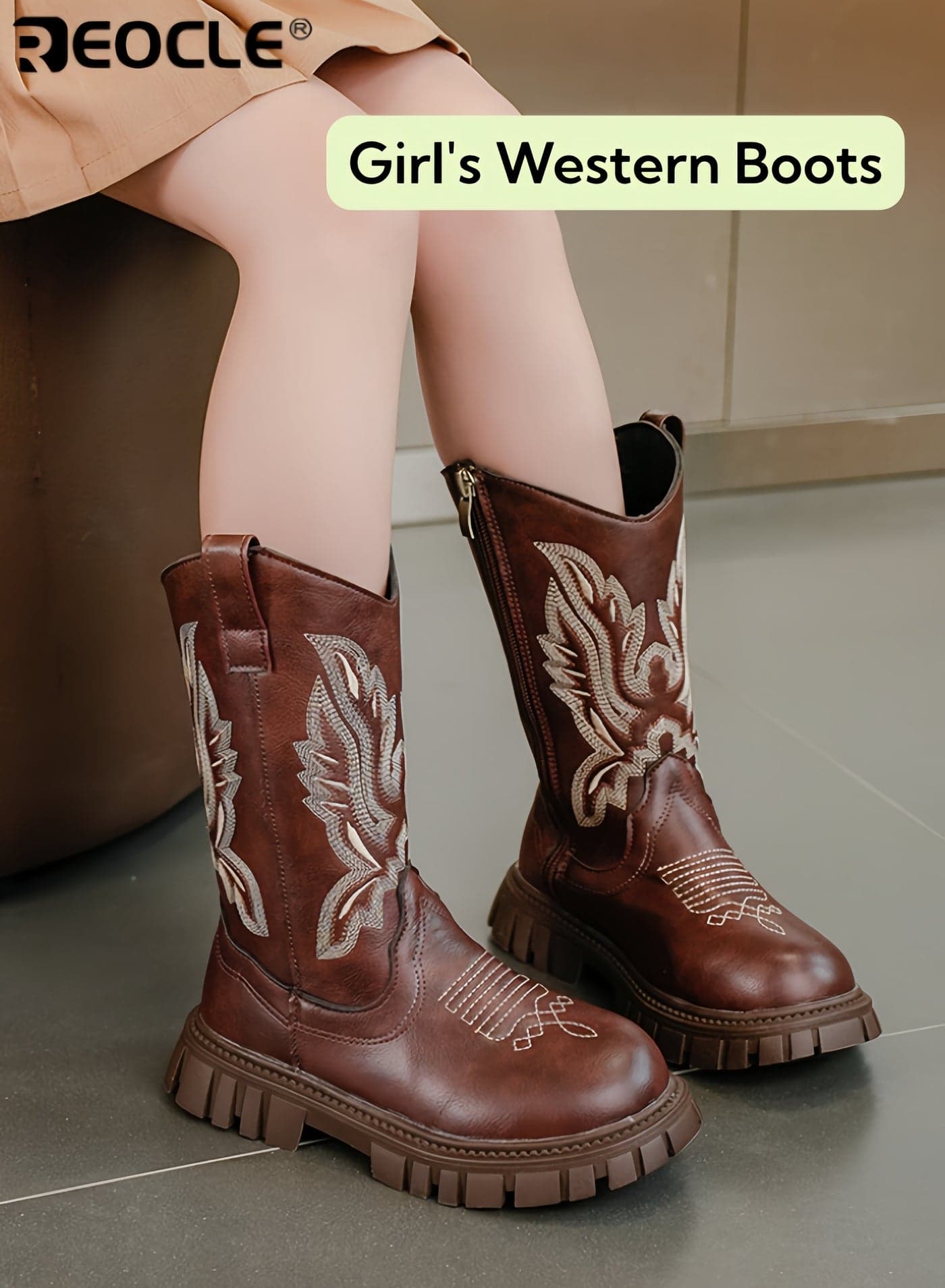Girl's Western Boots with Embroidered Cowgirl Design and Mid Calf Height Cowboy Riding Boots with Durable Construction for Little Big Kid Wear