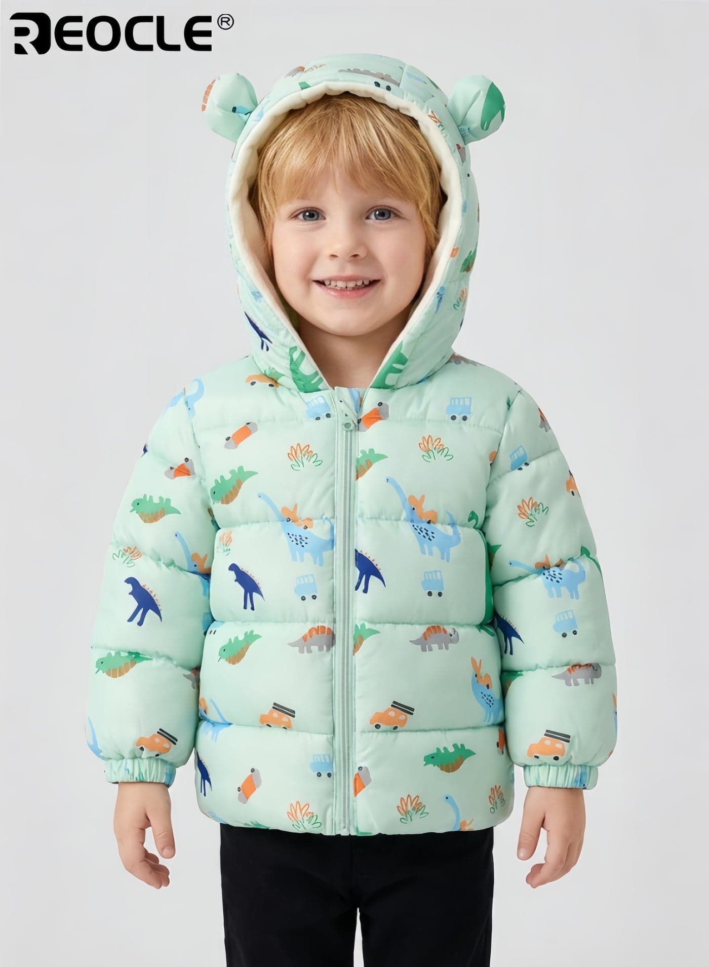 Kid's Winter Coat with Dinosaur Ear Design and Thickened Warmth Boy Girl Padded Jacket with Plush Trim for Cold Weather Wear