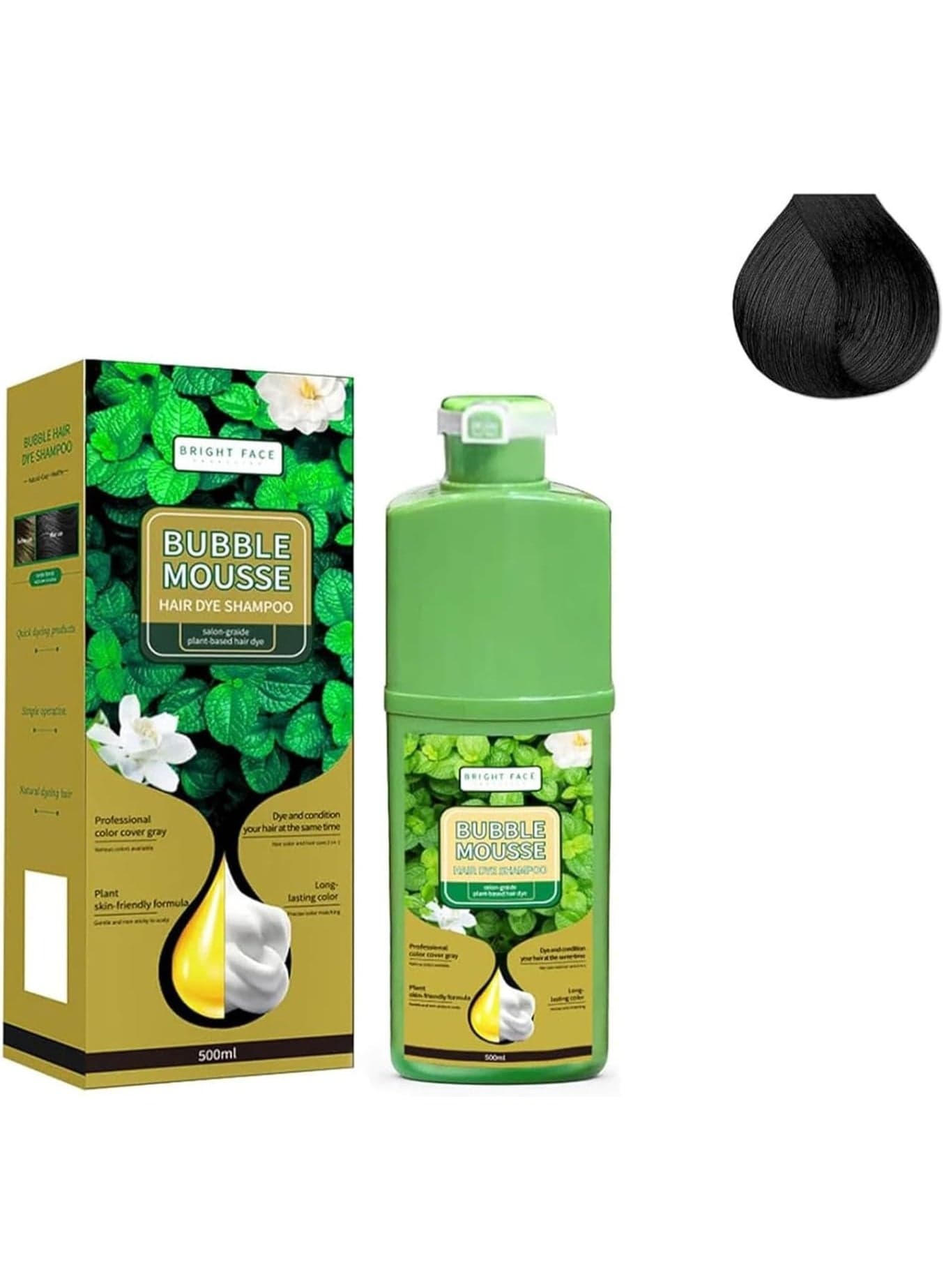 Bright Face Bubble Mousse Hair Dye Black Shampoo Plant-based Formula 500ml