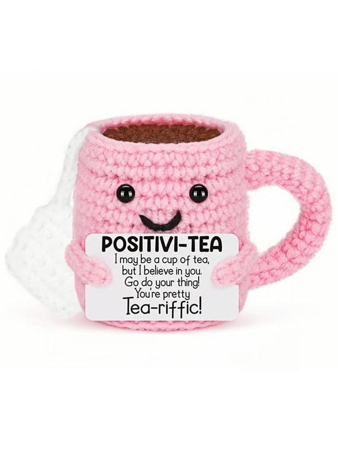 Cute Birthday Gifts for Women, Positive Handmade Crochet Pink Tea Cup Desk Decor–Tea Lovers Funny Unique Emotional Small Gift for Best Friends Girlfriend Wife Mom Coworkers Thank You Valentines Day