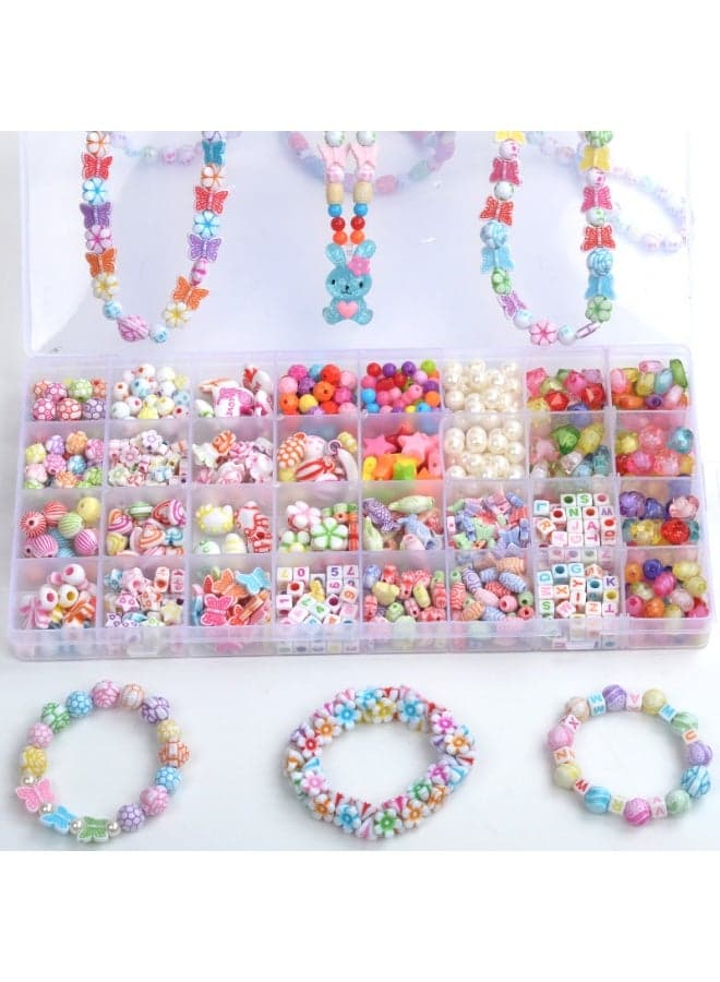 Kids Beaded Bracelet Making Kit – 32 Grid DIY Jewelry Craft Set with Colorful Pony, Alphabet & Charm Beads | Creative Gift for Girls