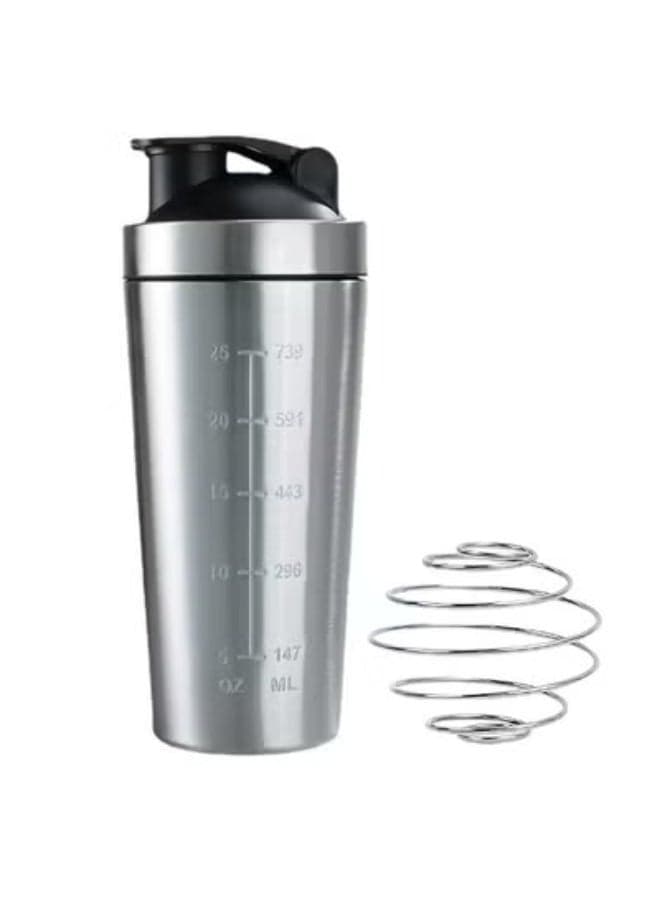 Protein Shaker Stainless Steel, 750 ml Blender Bottle Shaker with Scale, Portable Leak-Proof Metal Shaker Stainless Steel, Shaker with Ball, Sports Water Cup for Fitness, Hiking, Cycling