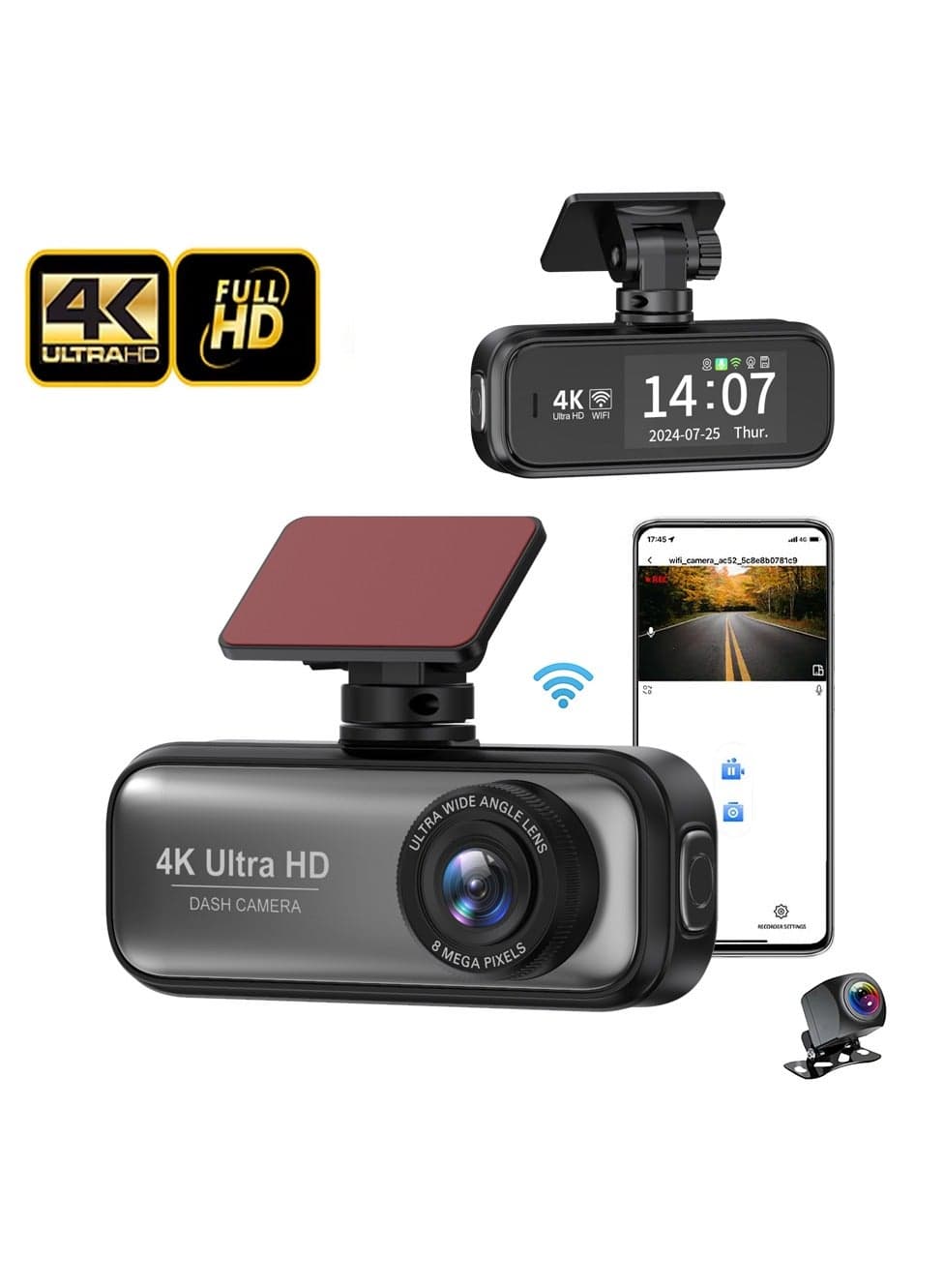 V26 4K Dual Dash Cam with 1080P Rear Camera | 24/7 Parking Mode (ACC Hardwire Kit Support) | Built-in WiFi & GPS, G-Sensor, Loop Recording, Superior Night Vision & 170° Wide Angle | Includes 64GB Card & External GPS Module for Collision Evidence