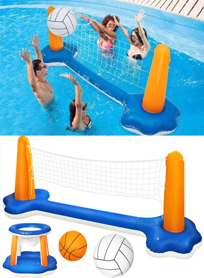 Inflatable Pool Games Float Set with Volleyball Net and Basketball Hoops Floating Swimming Game Toy Inground Pool Toys Volleyball Net for Kids and Adults