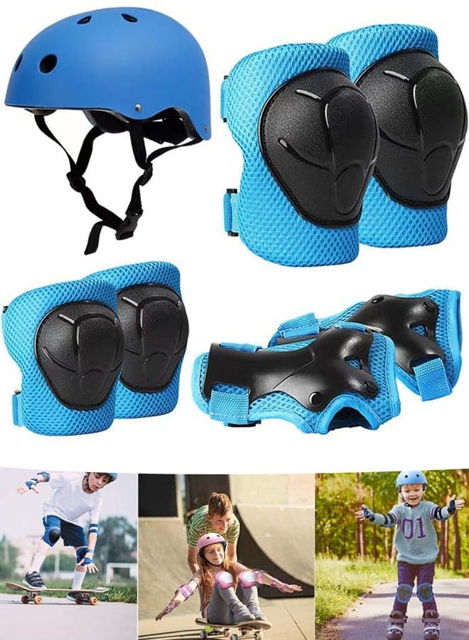 Kids Bike Helmet Set with Knee Pads Elbow Pads and Wrist Guards 7 in 1 Kids Protective Gear Set for 2~8yrs Girls and Boys For Skateboarding Biking Roller Skating Rock Climbing (Blue)