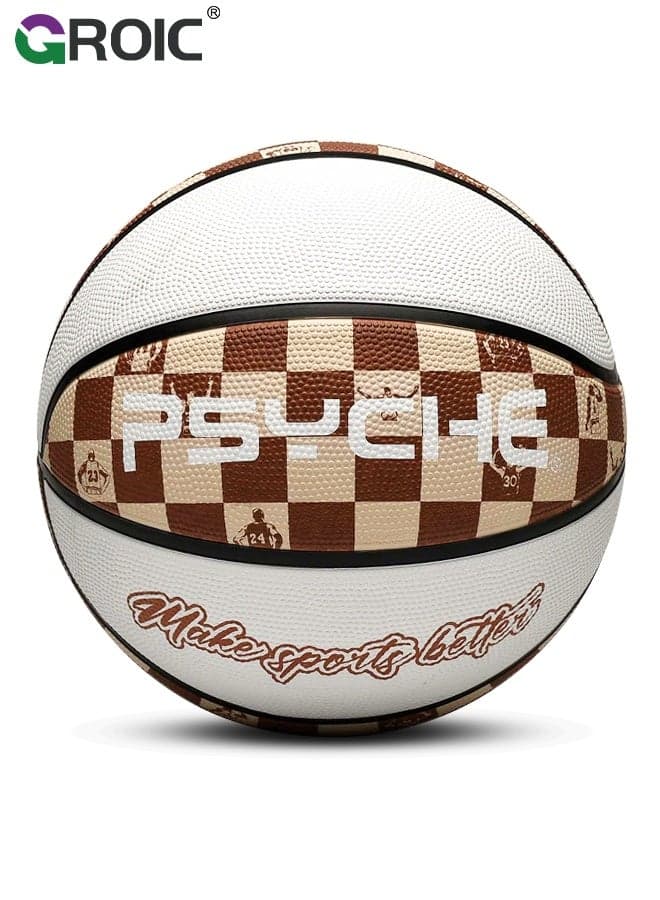 Basketball, Classic Checkerboard Size 7 Basketball, Brown and White Design, Deep Channel Construction and Durability, Perfect for Basketball Training and Equipment Practice, Outdoor Rubber Basketballs