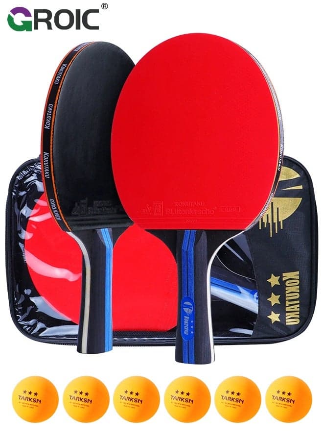 Table Tennis, 2-Pack Ping Pong Paddles Set, Long Handle Horizontal Rackets, 6 Yellow Table Tennis Balls and Storage Case, High Spin Rubber for Intermediate to Advanced Players, High-Performance Tennis Set