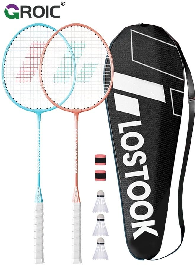 Badminton Racket Set, Includ 2 Rackets, 3 Birdies, 2 Racket Grip Tapes, 1 Carrying Bag, Lightweight and high Performance for Sports, Training and Entertainment,Blue and Pink Couple Style, Badminton Racquet