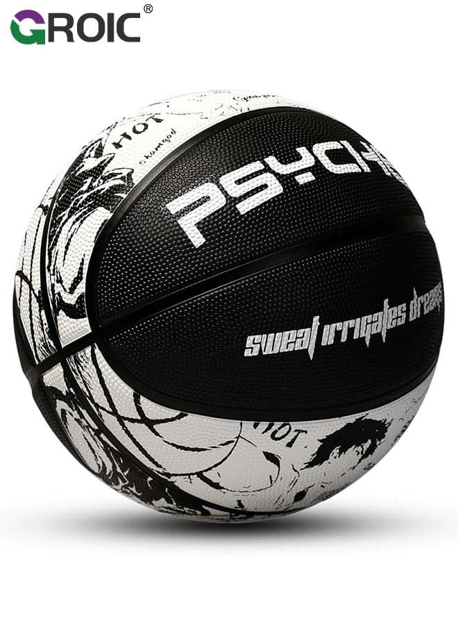 Basketball, Comic Frenzy Size 7 Basketball, Black and White Graphic Design, Deep Channel Construction and Durability, Perfect for Basketball Training and Equipment Practice, Outdoor Rubber Basketballs