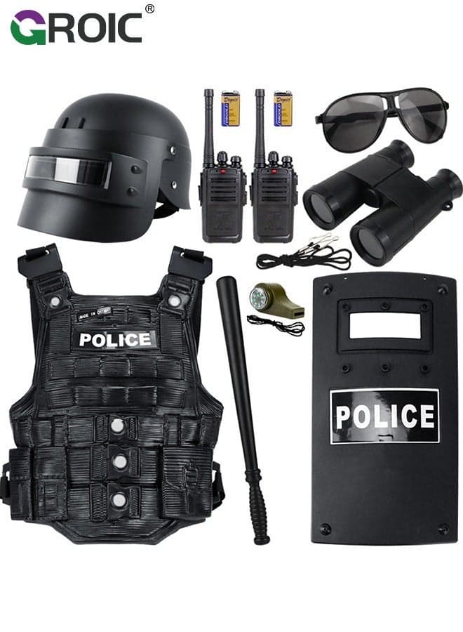11Pcs Police Costume Toys, Police Accessories Role Play Set, Policeman Pretend Play Set for Kids, Includes Plastic Baton and Binoculars, Adjustable Belt, Sunglasses, Whistle & More