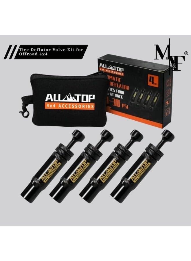 ALL-TOP Adjustable Auto-Stop Tire Deflator Valve Kit (10-30 PSI) 4 PCS Screw-on Tyre Air Down Tool for Offroad 4x4 (with 5 Valve caps)