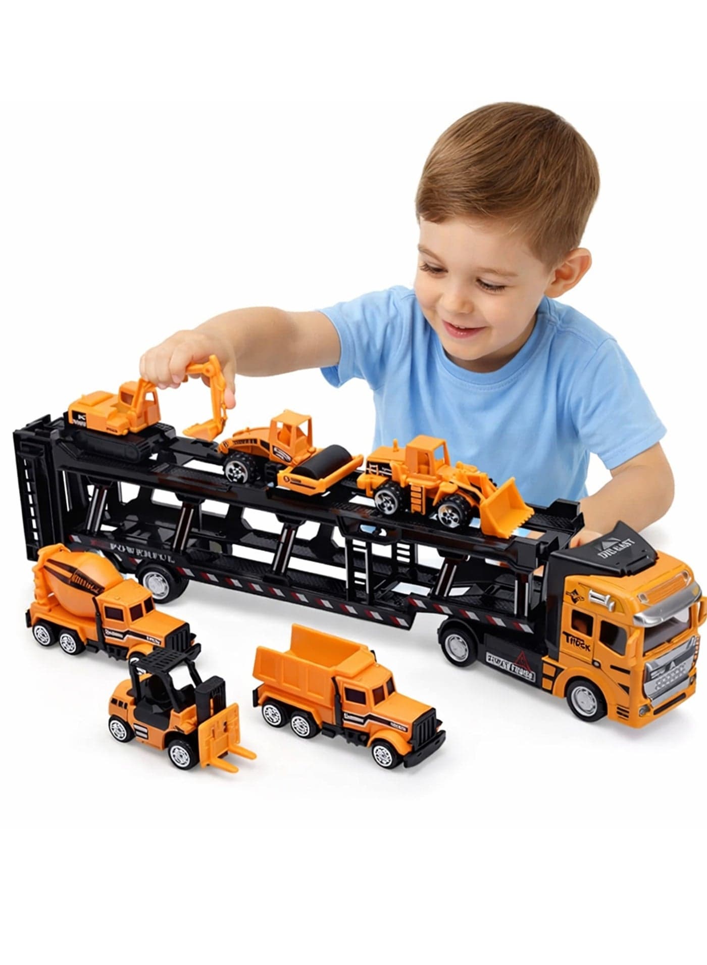 1/50 Die-Cast Pull-Back Engineering Transport Truck Set with 6 Mini Vehicles – Toddler Boys Construction Truck Vehicle Toy Set with Die-Cast Toy Car Carrier Truck for Kids, Birthday Gifts Toys for 3-8 Year Old Boys