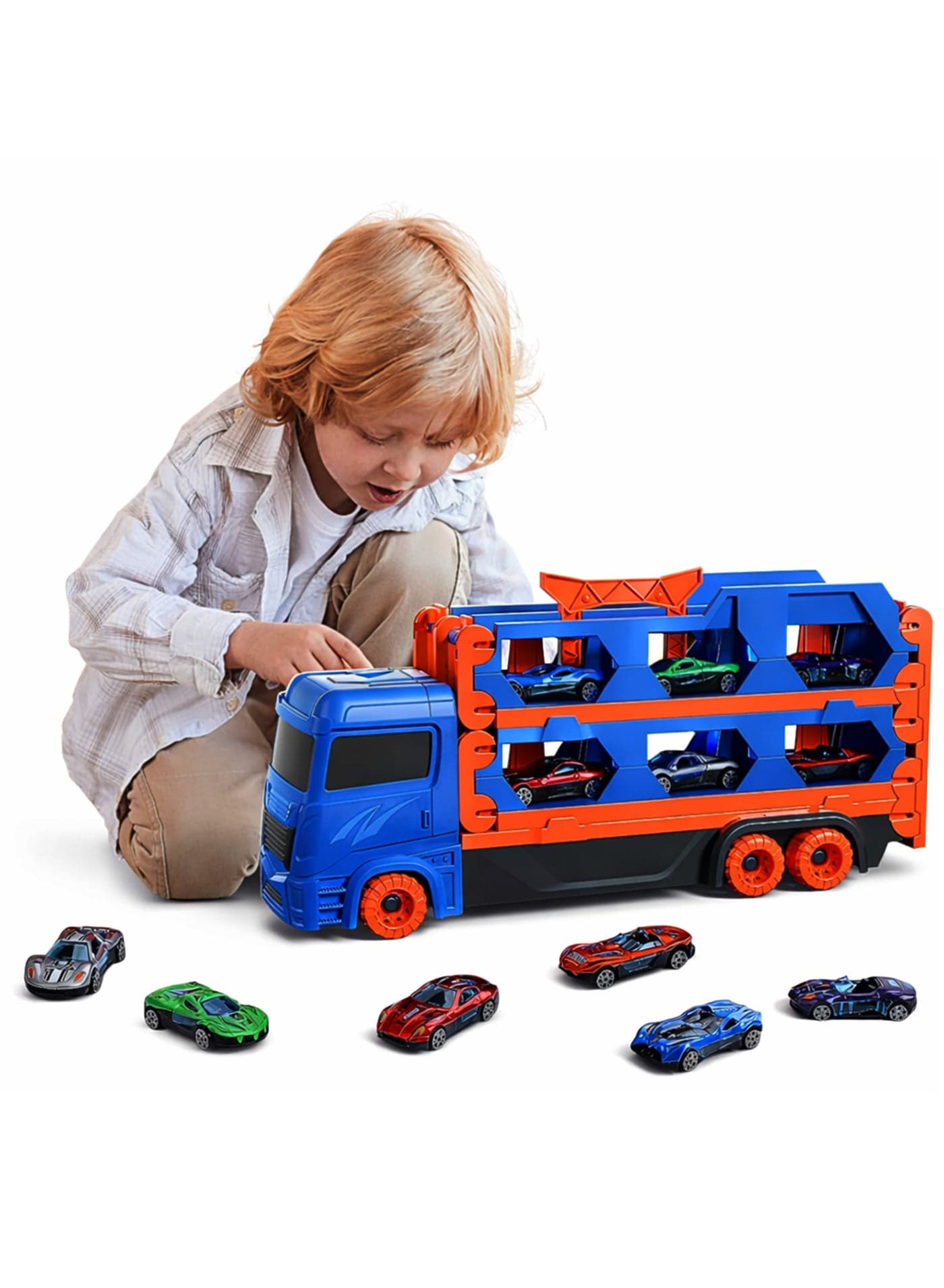 Car Carrier Truck Toy with 6 Pull Back Cars, Transport Truck Toys for Boys and Girls Ages 3–7, Hands-on Play Large Storage Vehicle Playset, Educational Racing Car and Screen-Free Toys