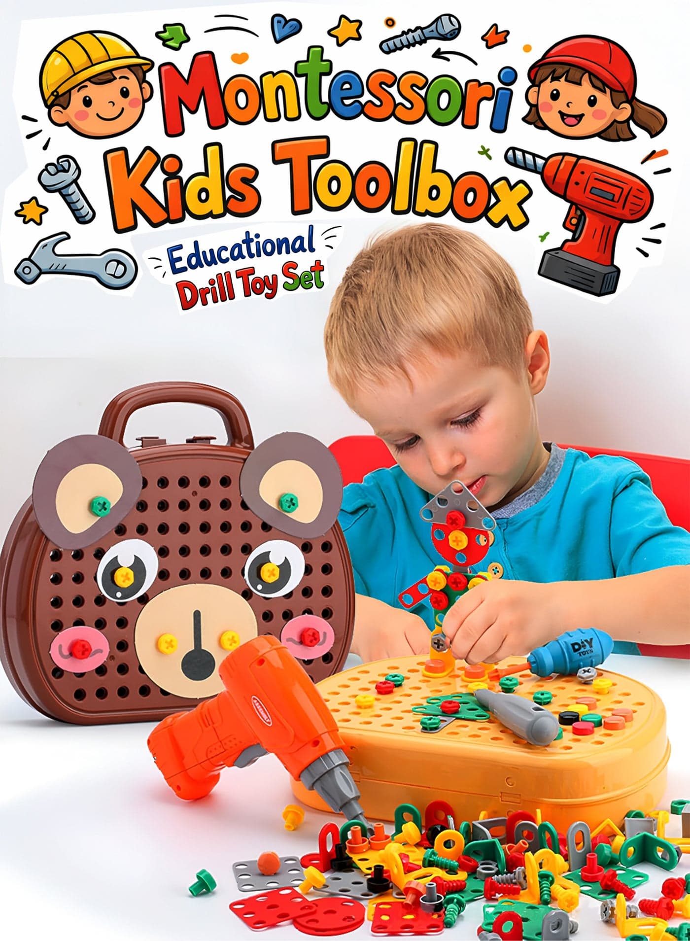 Portable Simulation Toolbox Kit for Kids, Educational Drill Toy Set, Pretend Play Tool Kit with Screw Building Blocks, STEM Construction Assembly Puzzle, Montessori KIds Toolbox Screen-Free Role Play Learning Toys for Indoor & Outdoor Play
