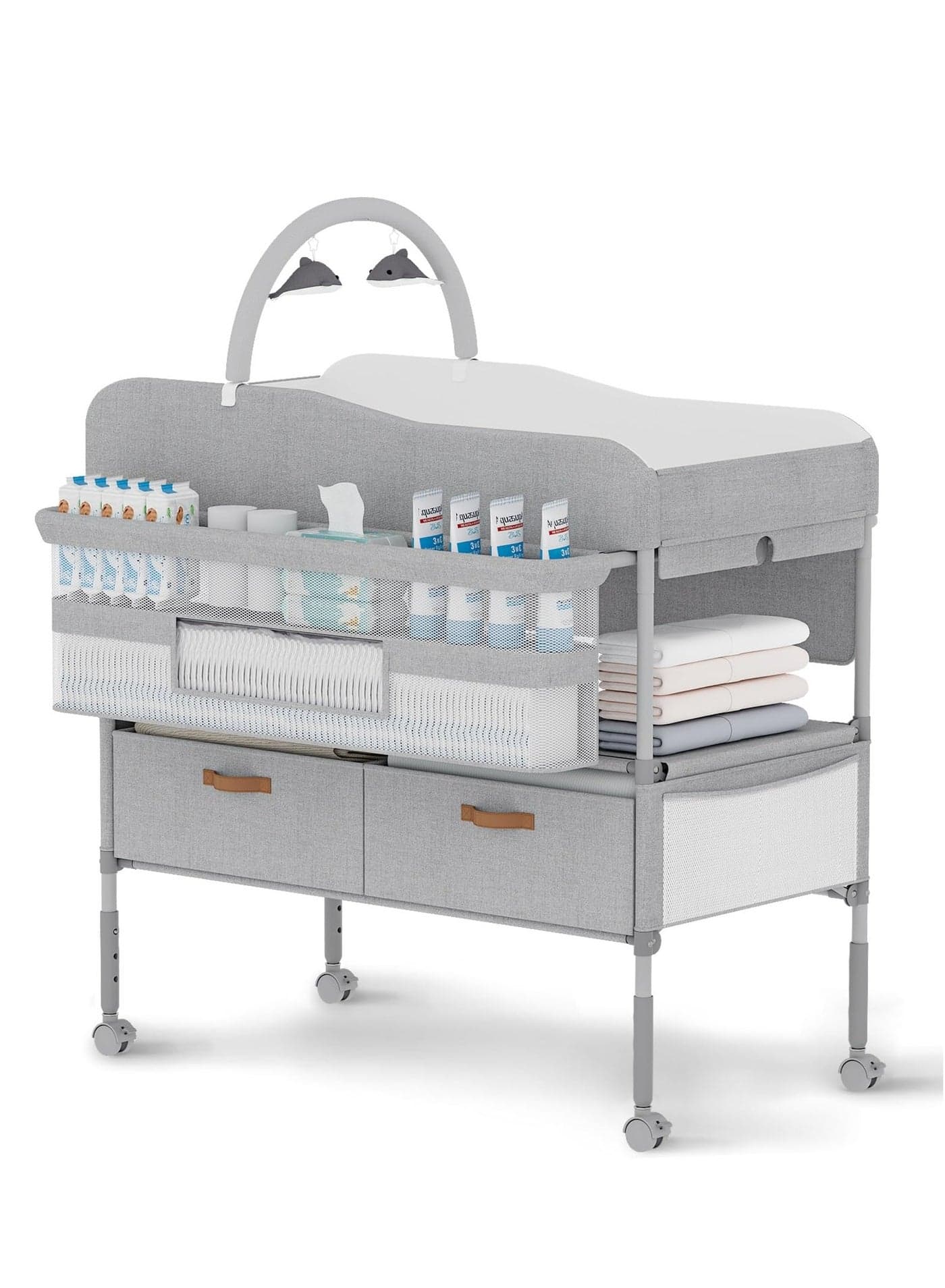 Diaper Changing Station, Portable Changing Table for Baby, Diaper Changing Table with Storage Drawers, Waterproof Baby Changing Station with Wheels and Adjustable Height for Newborn Infant and Toddler