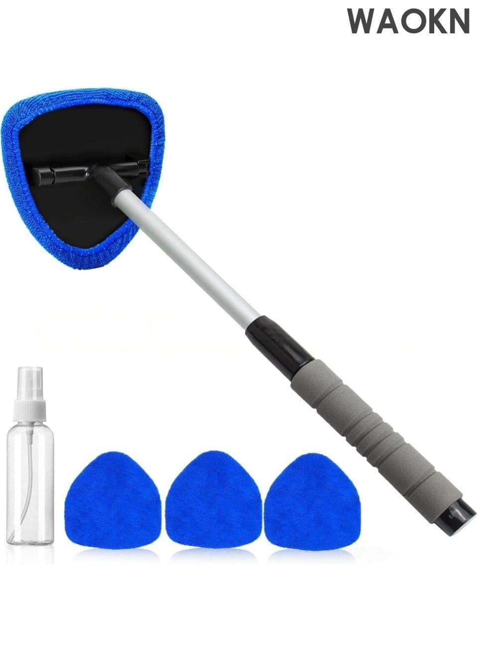 Windshield Cleaner Tool , Car Interior Window Detailing Cleaning Kit , with Extendable Handle and 4 Easy-to-Install Reusable Microfiber Pads , Auto Glass Wiper Brush Kit for Car&Home , Comes with a 100ML bottle , Blue .
