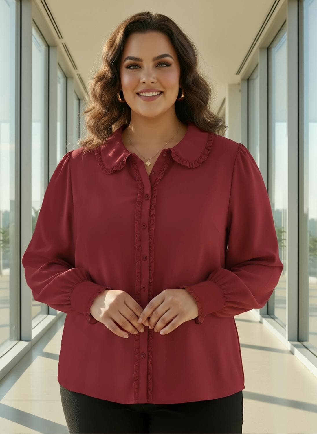Globus Gloplus Women Red Collared Neck Cuffed Sleeves Frill Detail Solid Plus Size Workwear Shirt