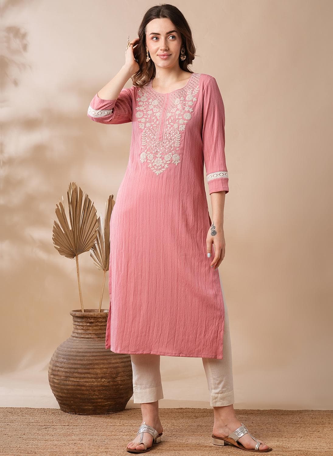 Globus Women Sequinned & Floral Embroidered Yoke Structured Fabric Straight Workwear Kurta