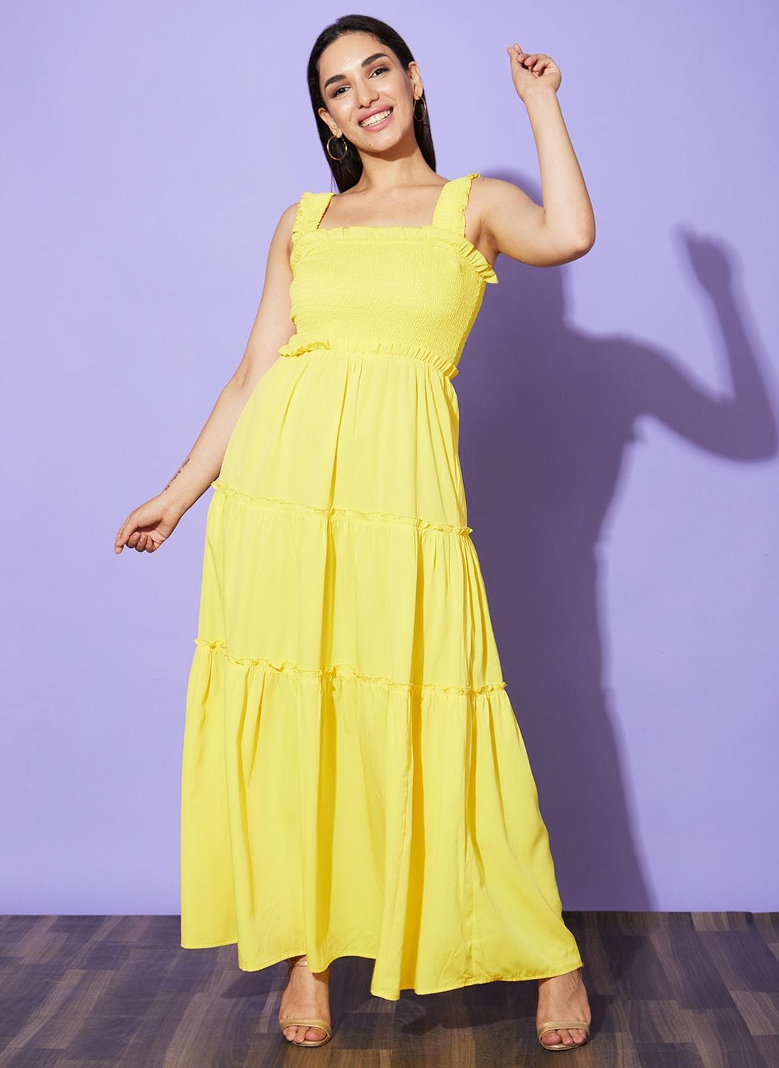 Globus Women Yellow Georgette Shoulder Strap Tiered Fit & Flare Party Dress