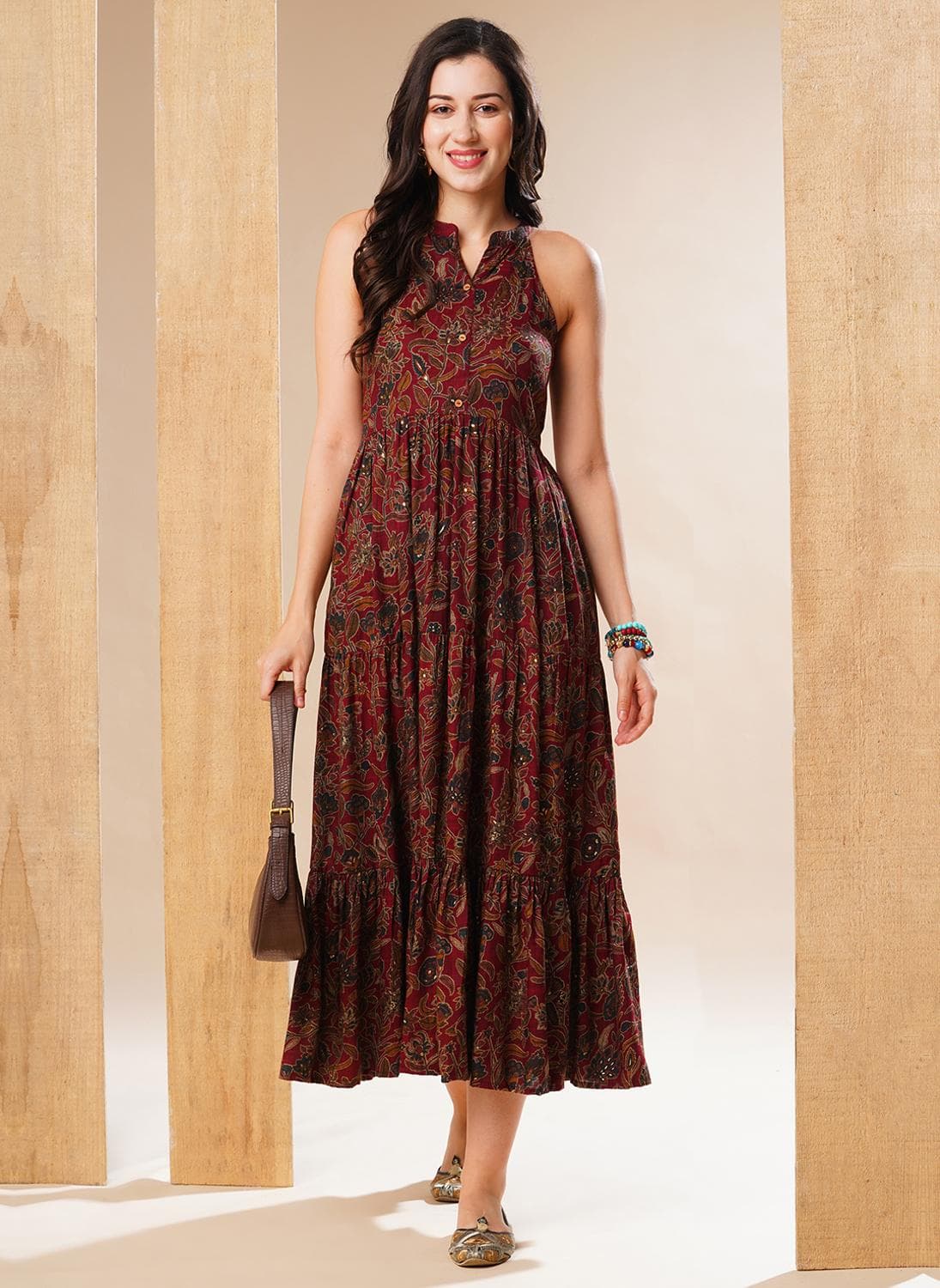 Globus Women Maroon Halter Neck Allover Floral Print Tiered Fit & Flare Fusion Maxi Dress
