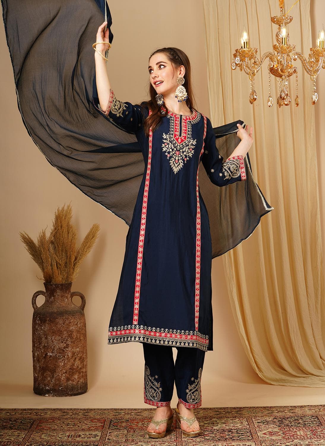 Globus Women Floral Embroidered Regular Thread Work Straight Kurta With Trousers & Dupatta Festive Set