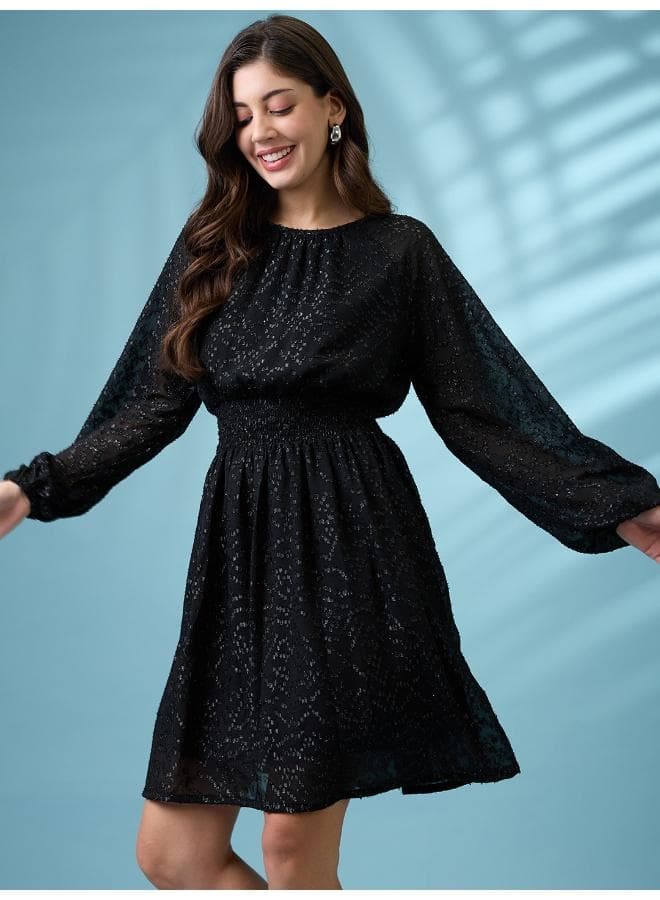 Globus Women Bishop Sleeves Self Design Georgette Sheen Smocked Fit & Flare Party Dress