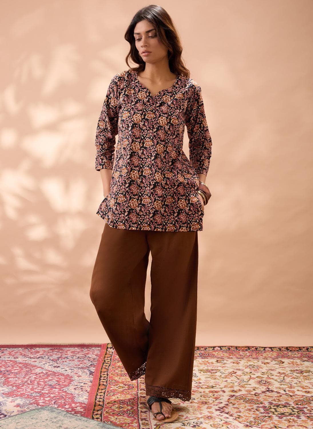 Globus Women Brown High Rise Lace Hem Straight Fit Ethnic Pants
