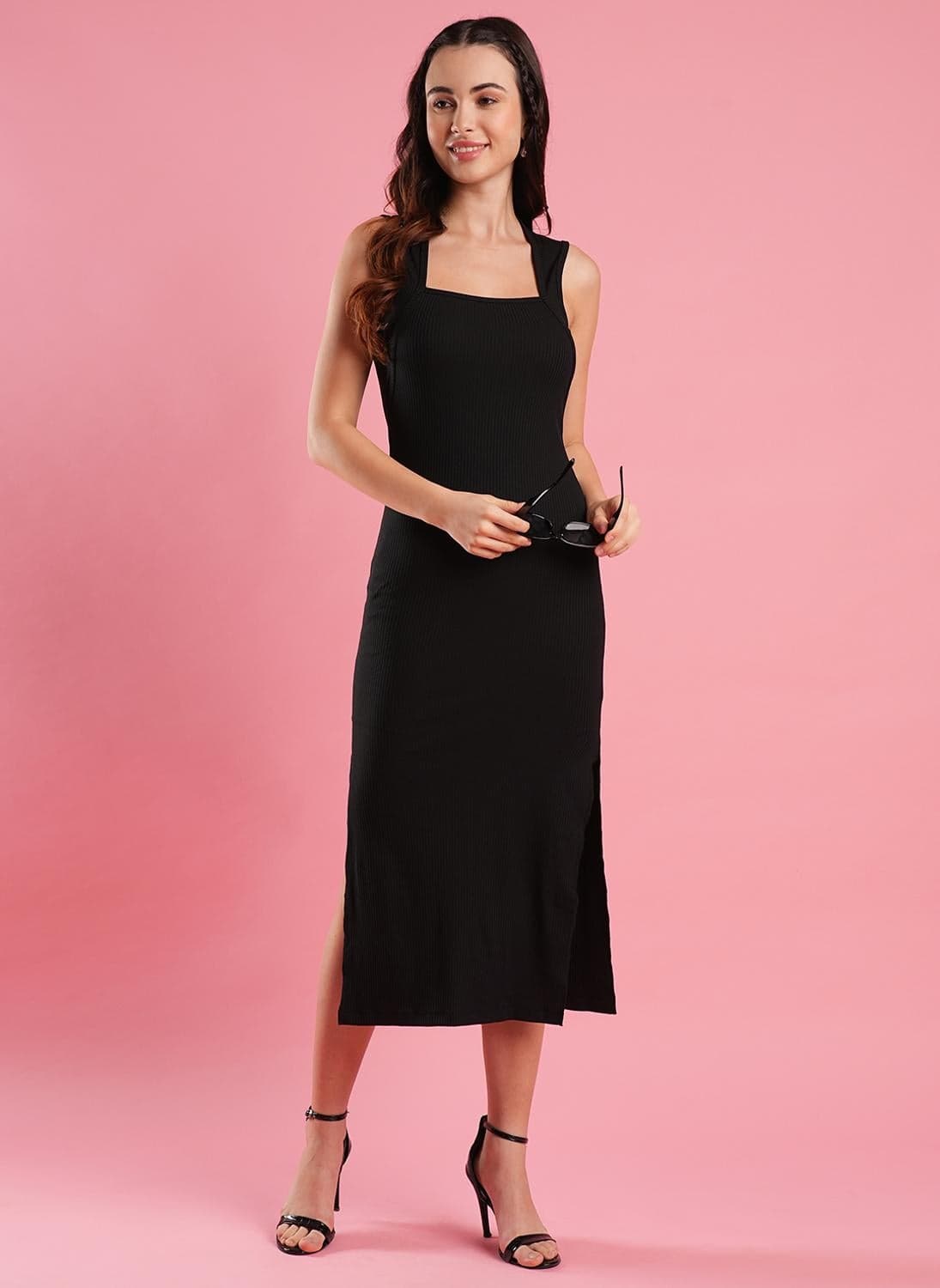 Globus Women Square Neck Side Slit Ribbed Midi Bodycon Dress