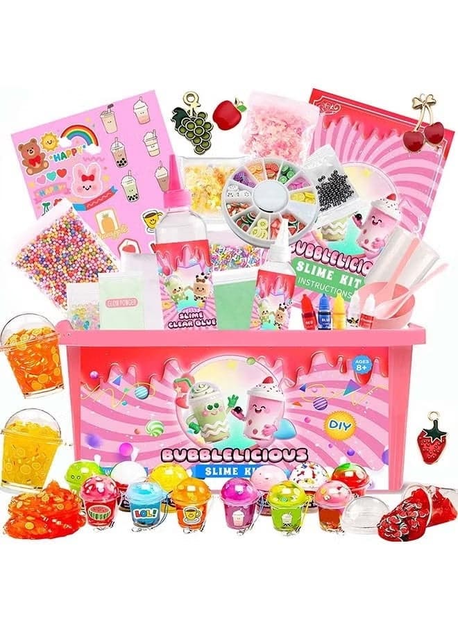 Bubblelicious Slime Making Kit for Kids 8+ - DIY Sensory Slime Toys Set with Bubble Tea Charms, Glow Powder & Multiple Containers - Fluffy Cloud Butter Slime Gifts for Party Favors & Birthdays