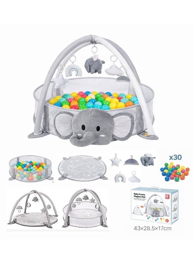 Baby Play Gym Mat & Ball Pit, Tummy Time Activity Mat with Breathable Mesh Playpen, 5 Detachable Hanging Toys, 30 Colorful Balls, Elephant
