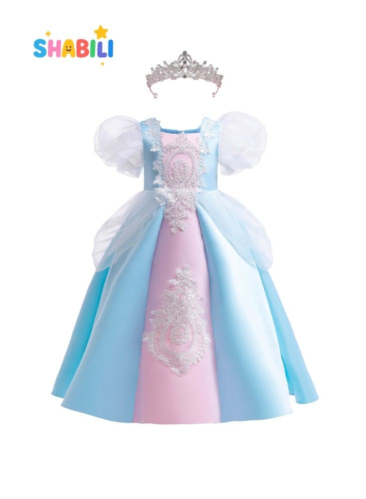 Vintage Princess Dress for Kids Girls with Floral Embroidery and Puff Sleeves, Polyester Cotton Blend Elegant Gown with Crown for Birthday Party Performance Cosplay Dress Up, Retro Royal Style Costume
