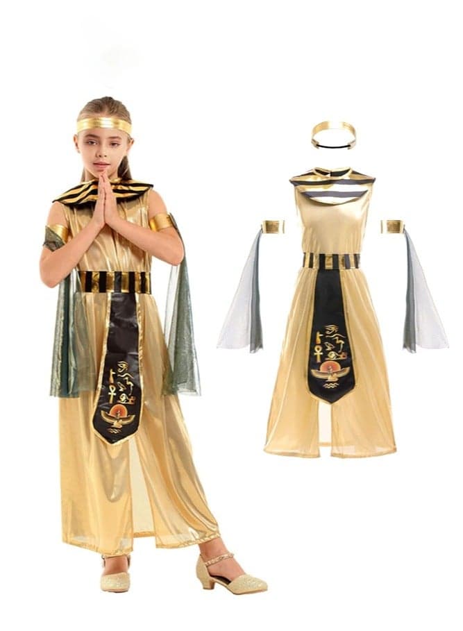 Girls Egyptian Queen Cleopatra Costume Dress Up Set – Gold Black Pharaoh Outfit with Headpiece, Collar, Belt & Armbands, Sizes for Height 110–140 cm (Age 4–12) – Cultural Day, School Event & Stage Show
