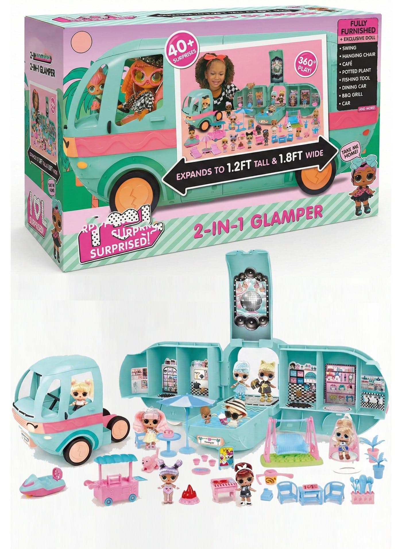 NEW LOL Surprise Glam N' Go Camper Playset – 4-in-1 Transforming Vehicle with 40+ Surprises & Exclusive Doll | Fully Furnished Glamping Car with Pool, Slide, BBQ & Bunk Beds | Large 360° Play Dollhouse Gift for Girls 4+